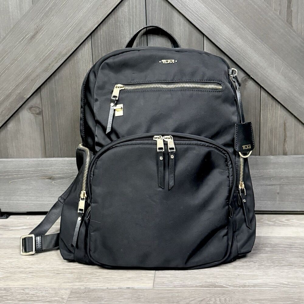 TUMI Voyager Carson Backpack Black Nylon Gold Hardware Travel Laptop Bag